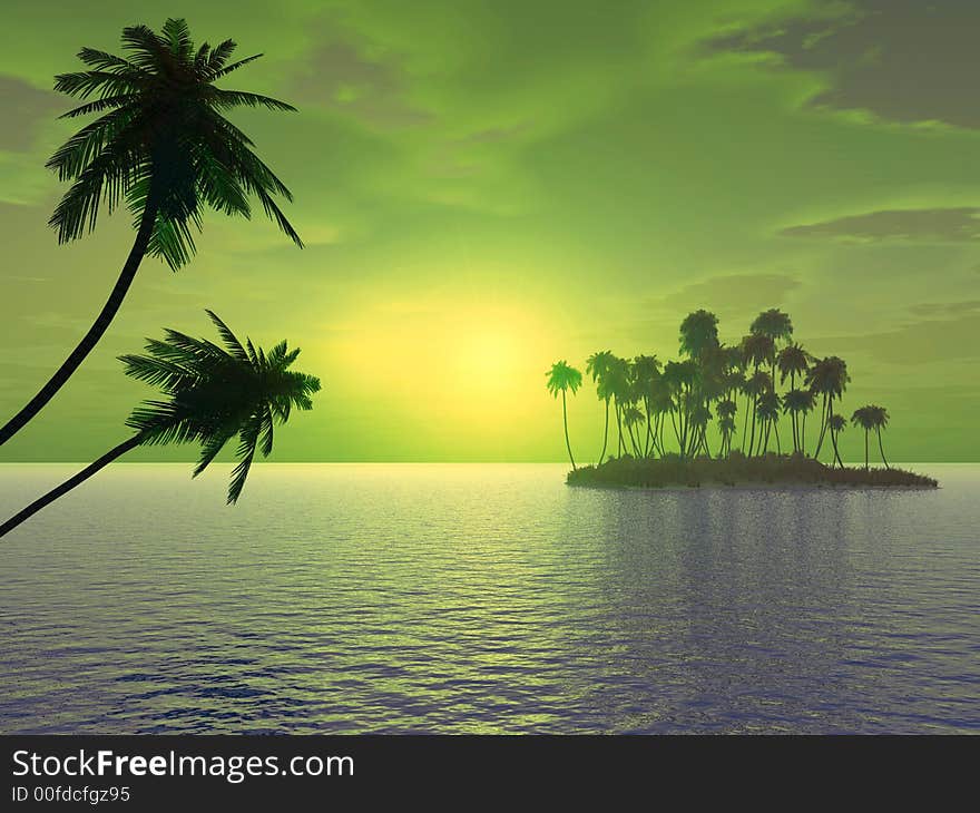 Sunset coconut palm trees on small island - 3d illustration.