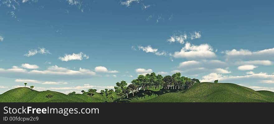 Green hills and beautiful sky  with clouds - 3d scene