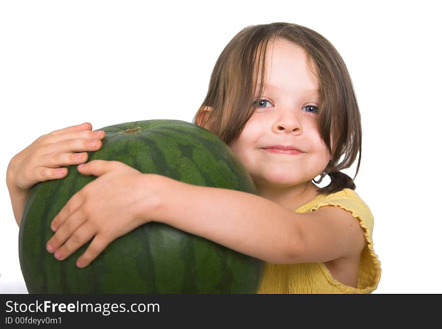 Little girl with huge watermelon, isolated over white. Little girl with huge watermelon, isolated over white