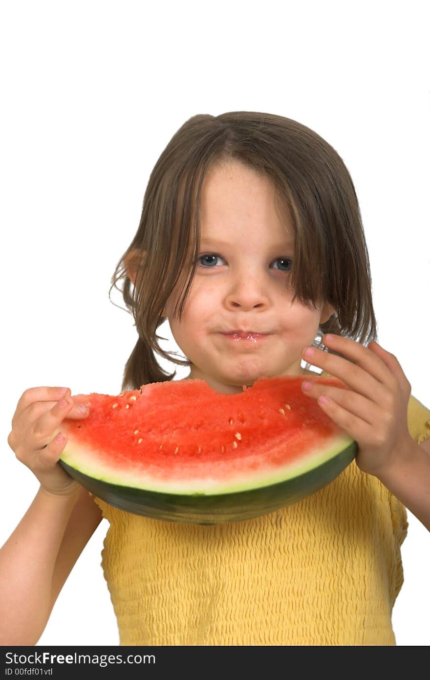 Little girl with delicious piece of watermelon, isolated over white. Little girl with delicious piece of watermelon, isolated over white