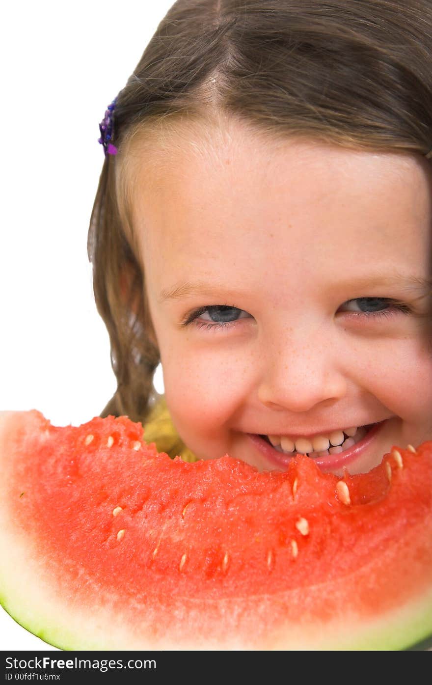 Little girl with delicious piece of watermelon, isolated over white. Little girl with delicious piece of watermelon, isolated over white