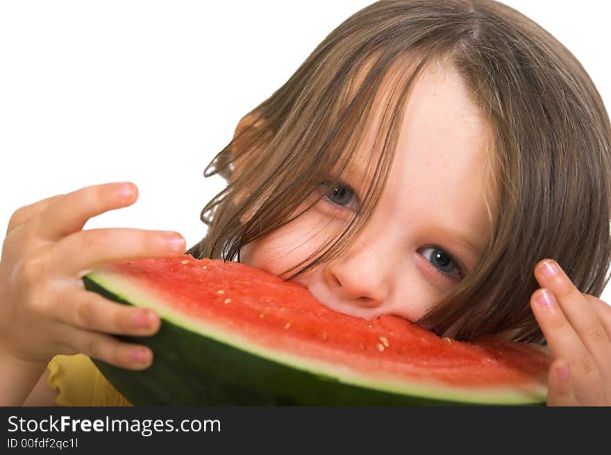 Little girl with delicious piece of watermelon, isolated over white. Little girl with delicious piece of watermelon, isolated over white