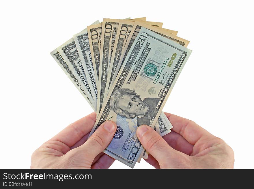 Man's hand offering US dollars. Man's hand offering US dollars