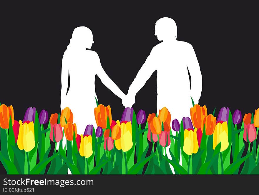 Love couple in the tulips field, silhouettes of people. Love couple in the tulips field, silhouettes of people