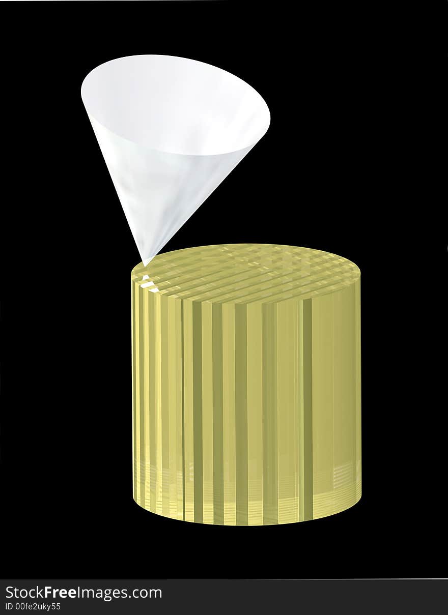 3d rendered image of a cone balancing on a cylinder on black background. 3d rendered image of a cone balancing on a cylinder on black background