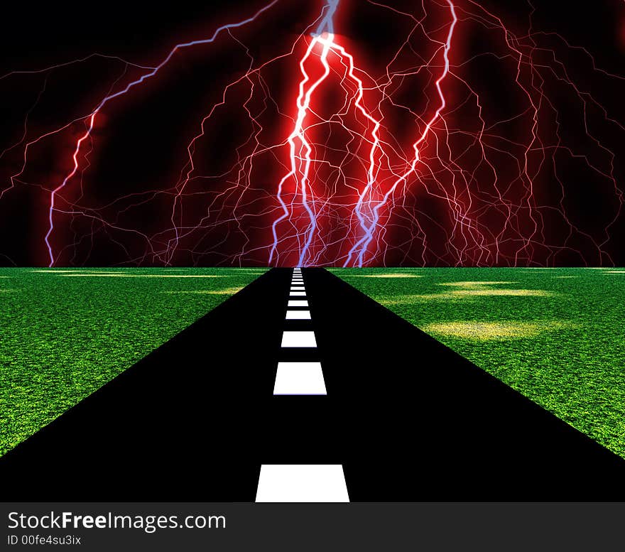 An image of a road with the lightning at the end of it. An image of a road with the lightning at the end of it.