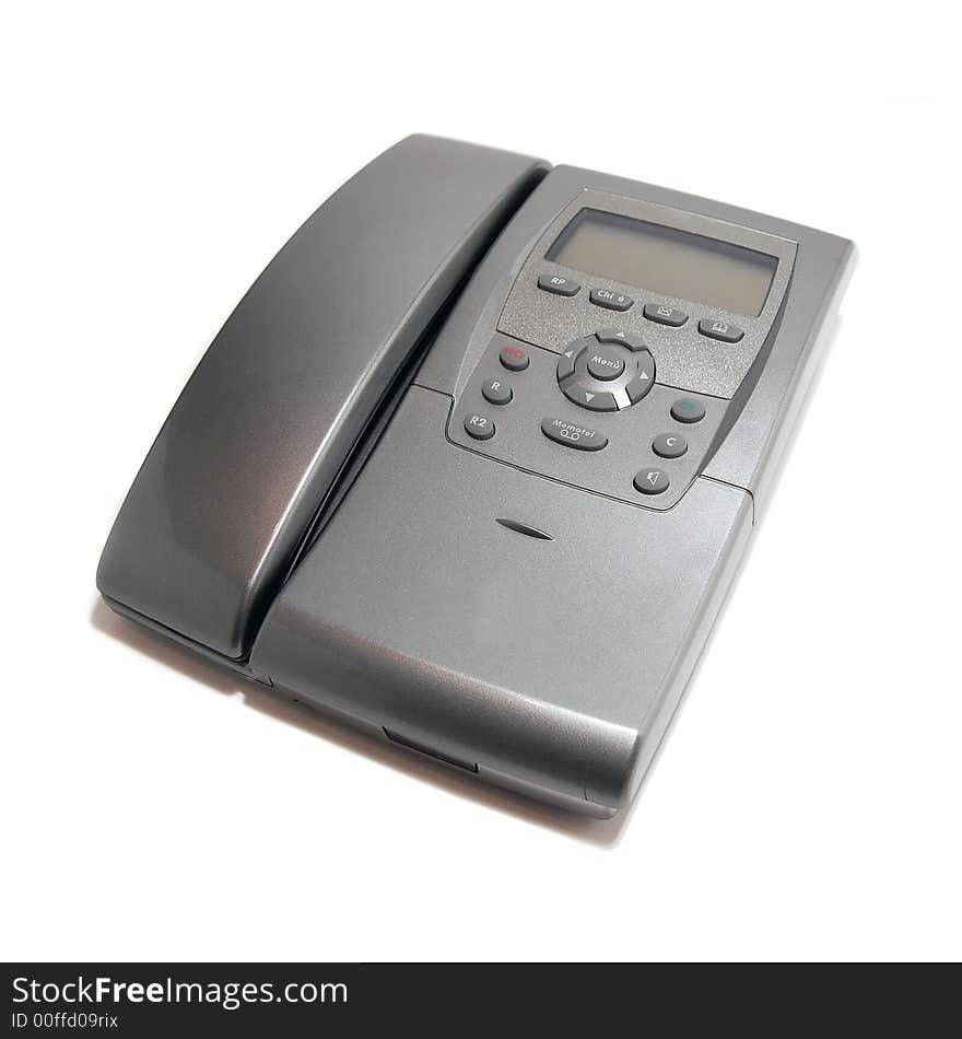 Grey office telephone on white background