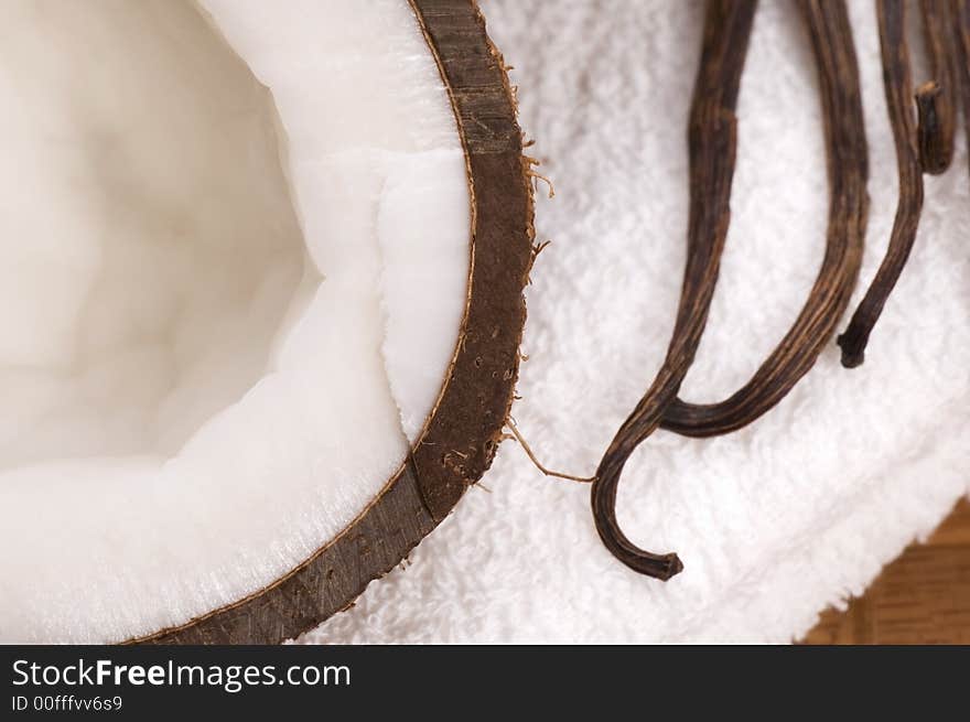 Coconuts, vanilla and towel. exotic bath. Coconuts, vanilla and towel. exotic bath