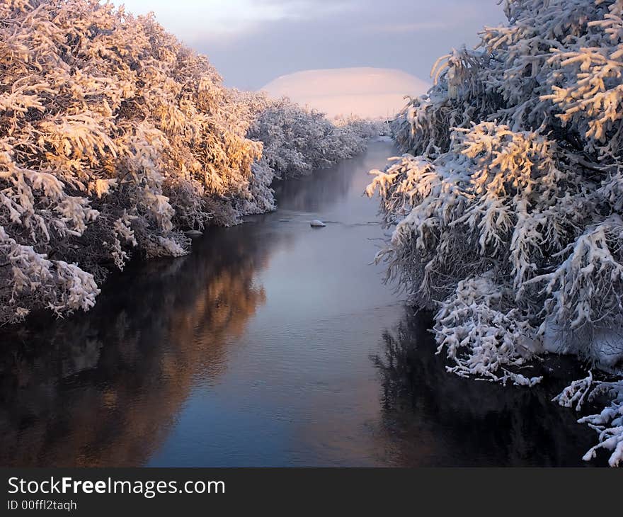 The river in a winter wood in clear weather. A water smooth surface. The river in a winter wood in clear weather. A water smooth surface