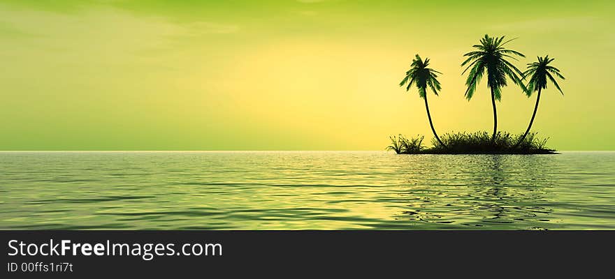 Sunset coconut palm trees on small island - 3d illustration.