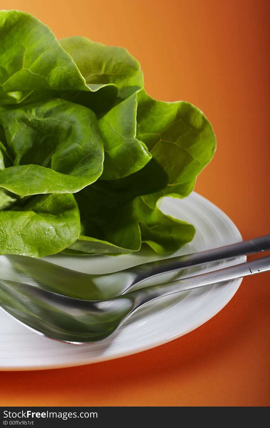 Salad plate with big fork and spoon on orange table