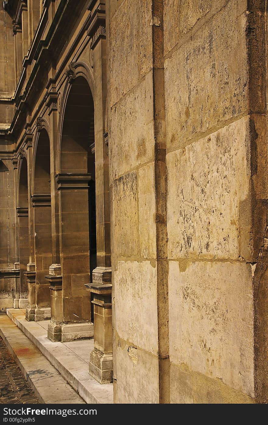 Architectural details with columns perspective - medieval courtyard in Paris