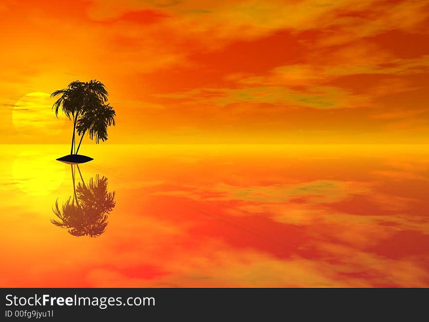 3D render of palm trees and sunset