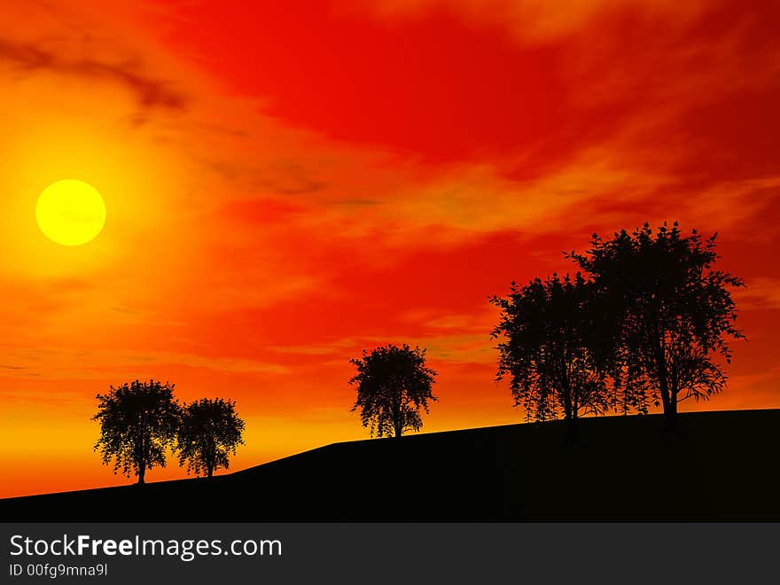 3D render of maple trees and sunset