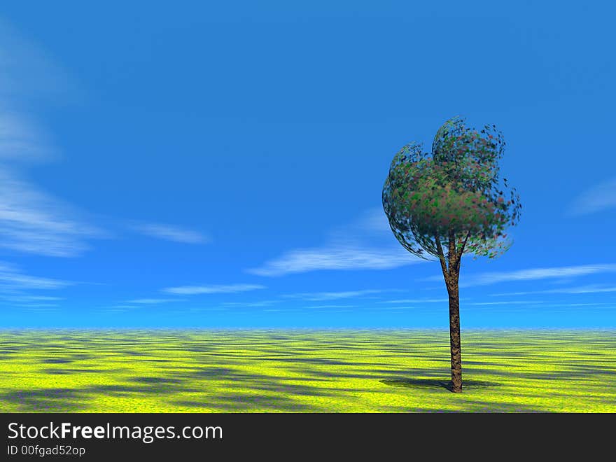 3D render of tree and flowers and sunset