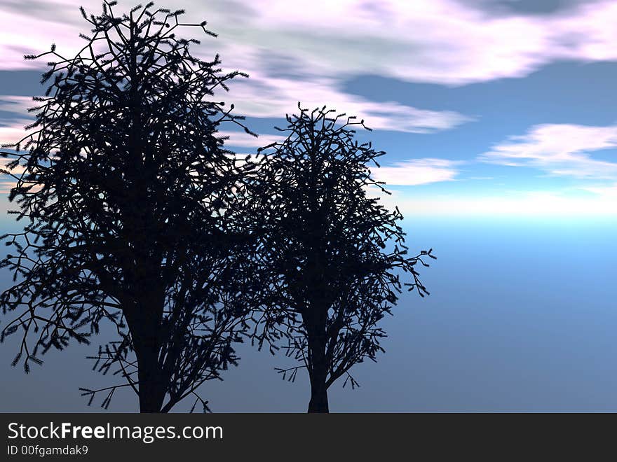 3D render of two trees and sunset