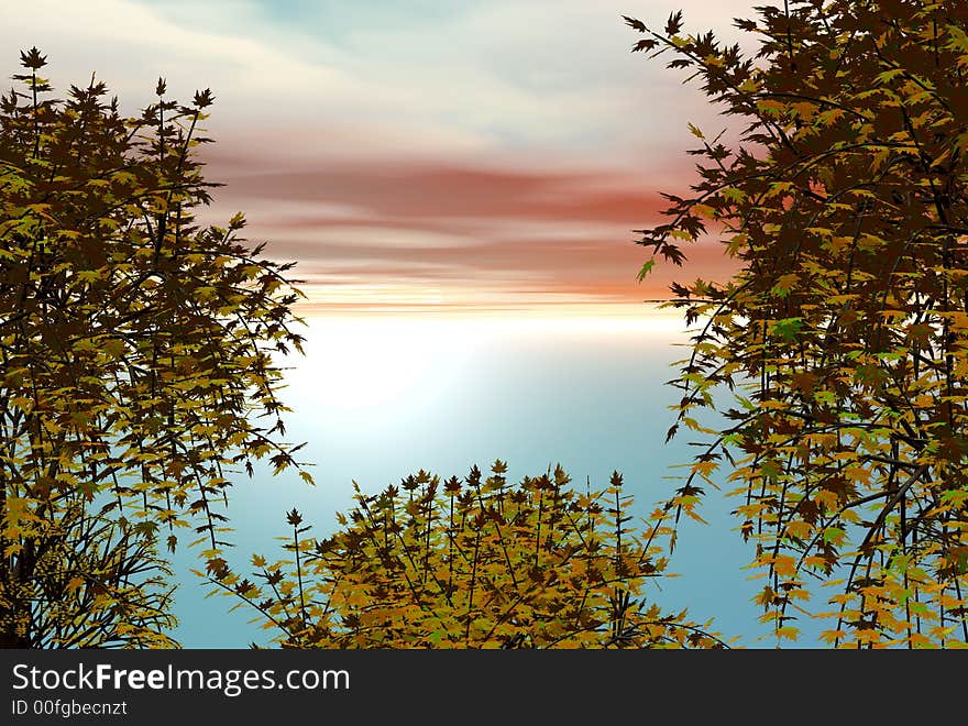 3D render of maple trees and sunset