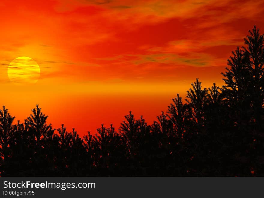 3D render of  trees and sunset