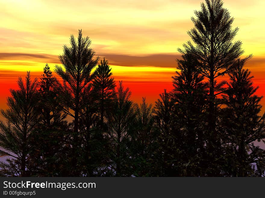 3D render of trees and sunset