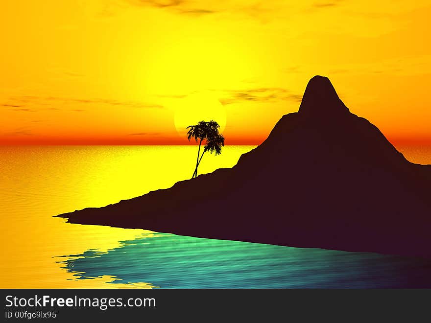 3D render of palm trees and sunset