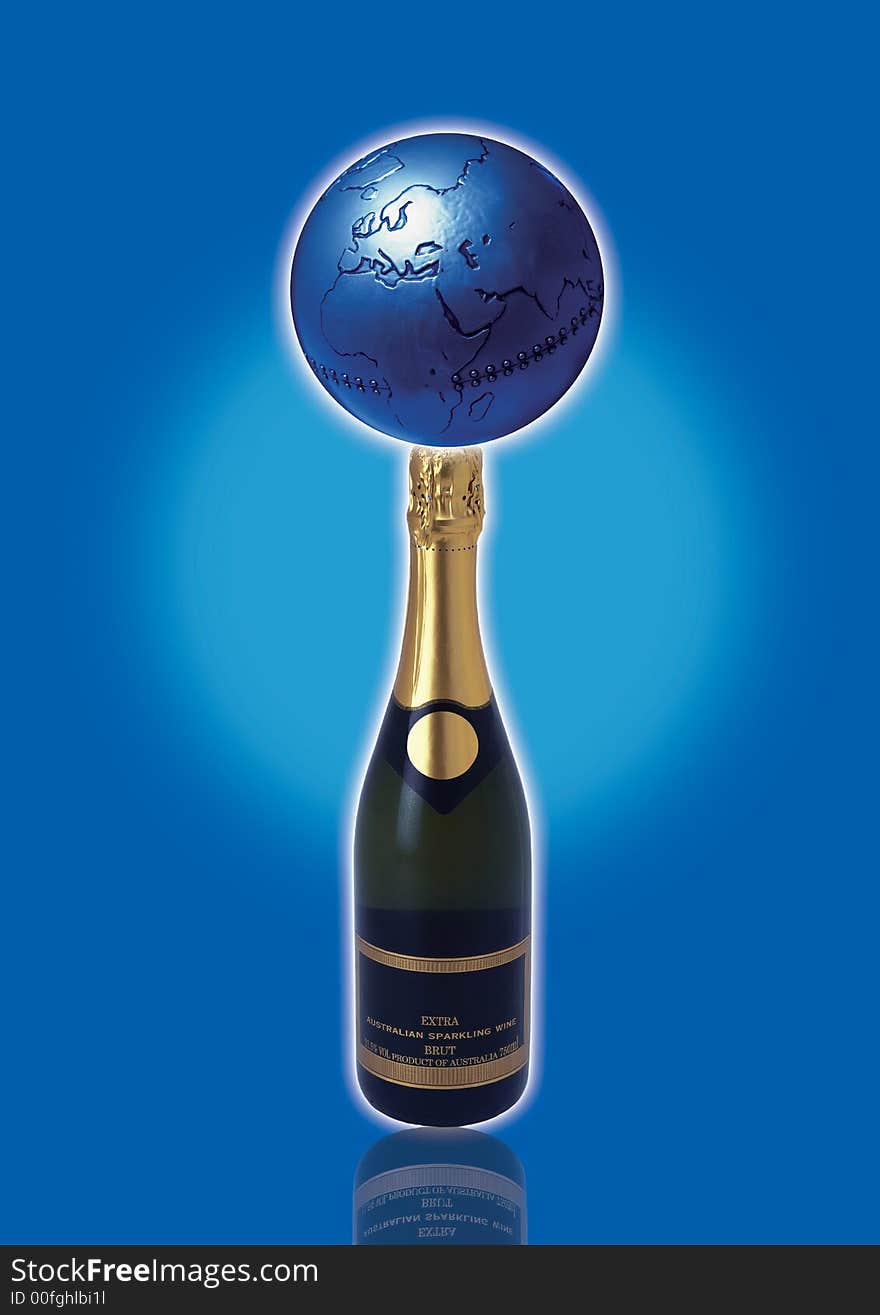 Champagne bottle with globe in blue ground
. Champagne bottle with globe in blue ground