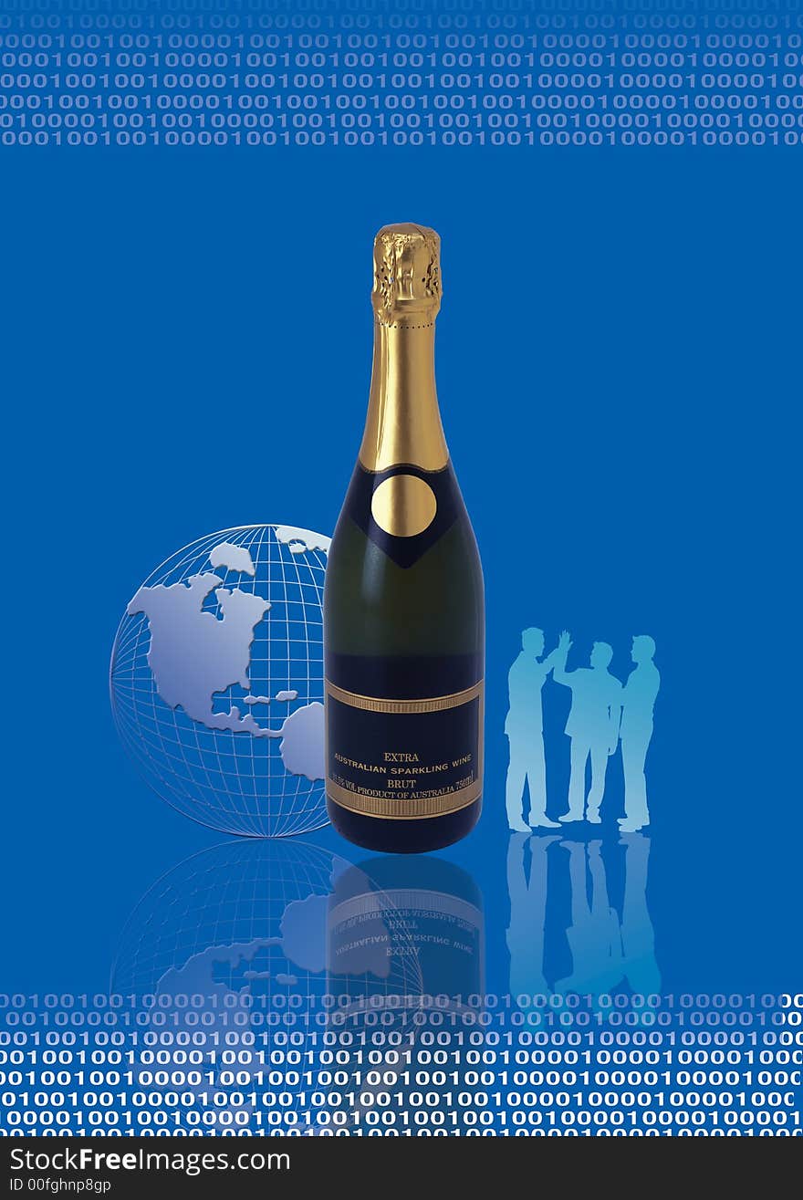 Business people standing in front Champagne bottle  with globe. Business people standing in front Champagne bottle  with globe