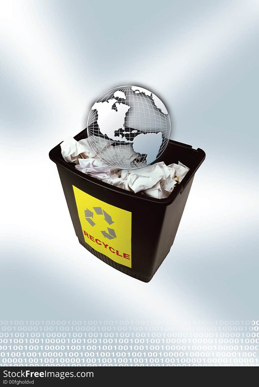 Gray globe in a dustbin with gray background. Gray globe in a dustbin with gray background