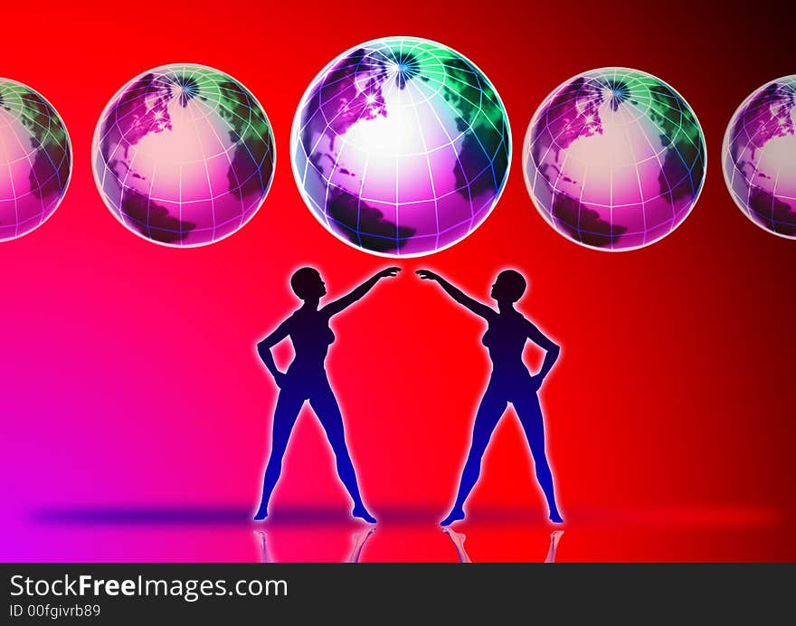 Illustration of a transparent/translucent reflective globe sitting on a dark red and blue ground with women. Illustration of a transparent/translucent reflective globe sitting on a dark red and blue ground with women