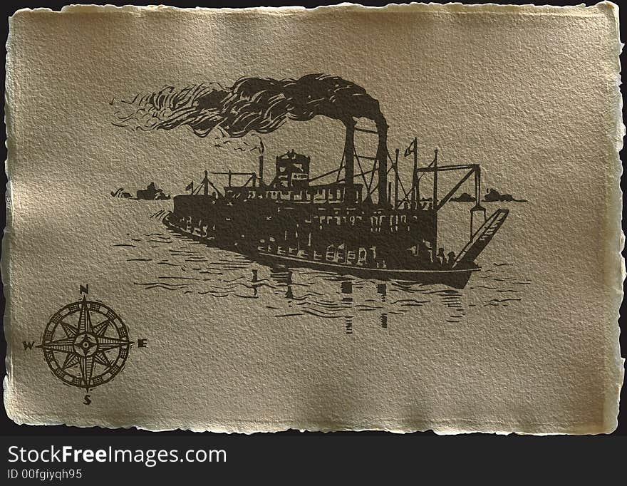 Antique parchment like paper Compass on a dark background with torn edges and shadow with ship. Antique parchment like paper Compass on a dark background with torn edges and shadow with ship