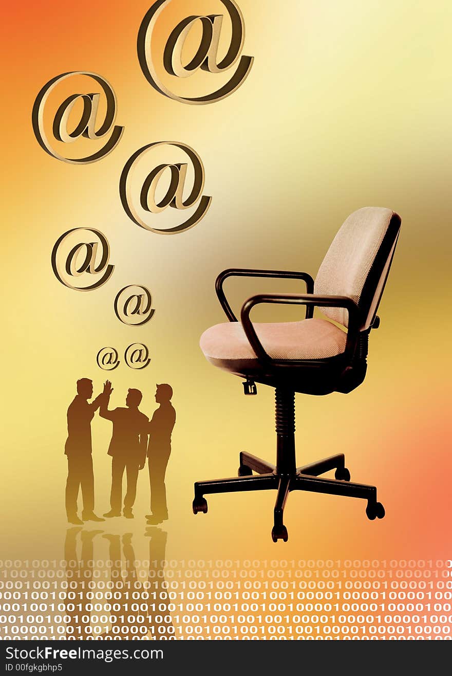 Business people standing in front of office chair,  “@” and. Business people standing in front of office chair,  “@” and