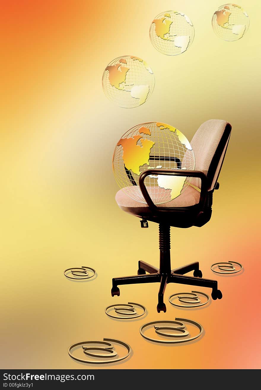 Globe in front of office chair, @  in back ground. Globe in front of office chair, @  in back ground