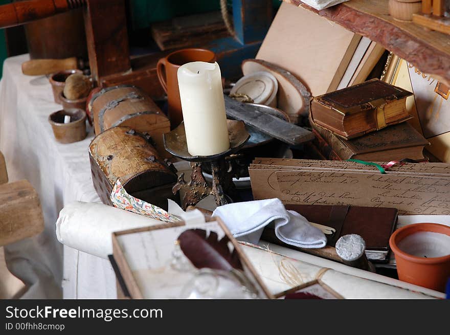 Set of ancient books and writing tools. Set of ancient books and writing tools