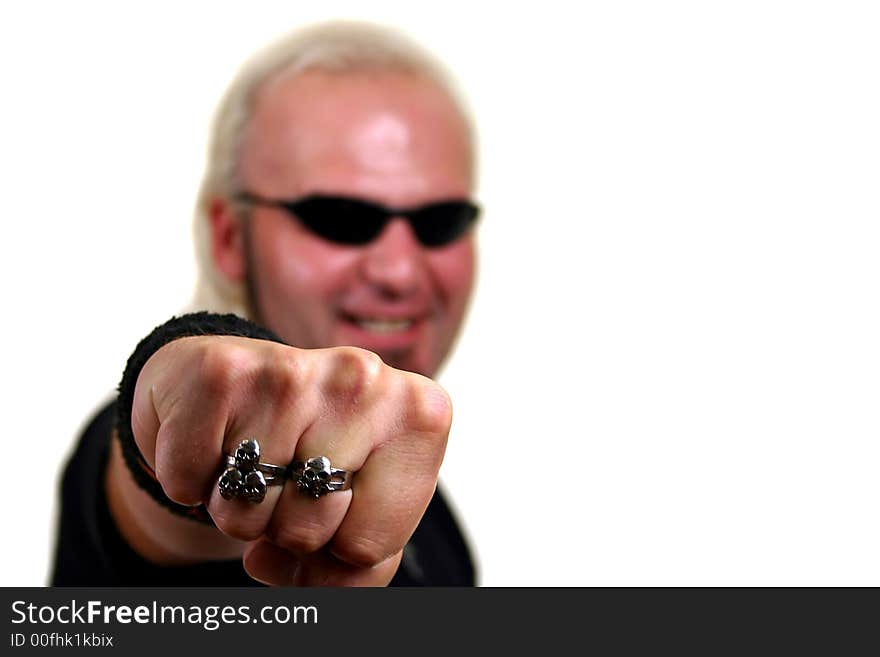 Strong man, isolated on white background, focus on the hand