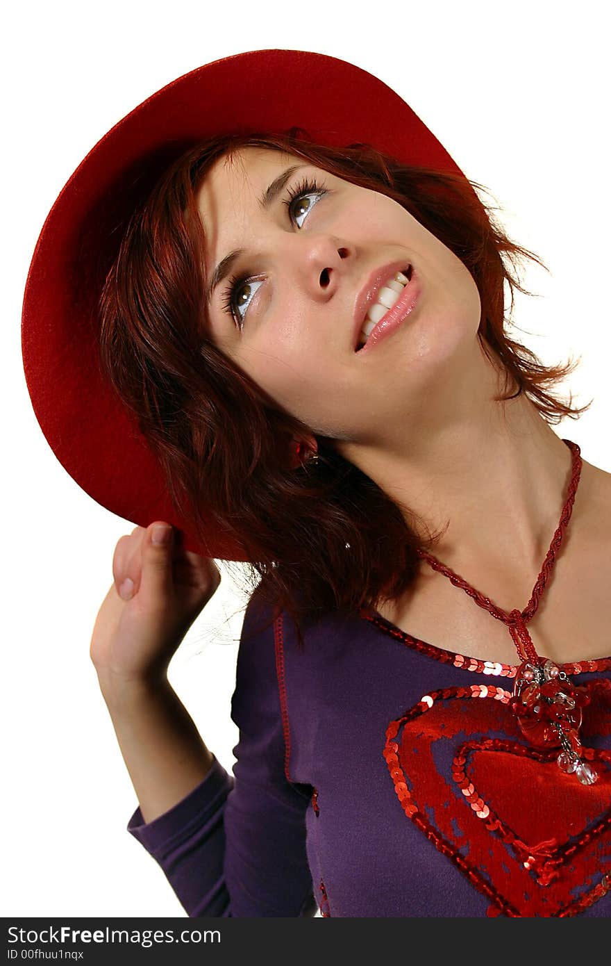 Girl and hat, isolated on white background