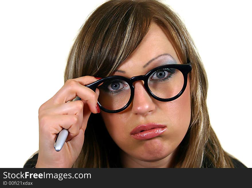 Young business woman looking with eyeglasses, isolated on white background. Young business woman looking with eyeglasses, isolated on white background