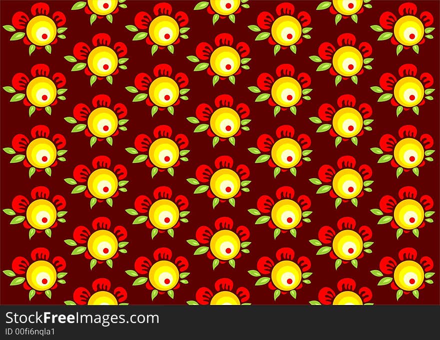 Pattern from red repeating decorative flowers on a brown background.