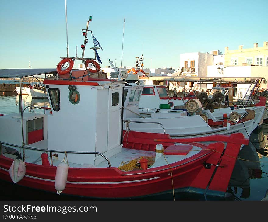 Bright Fisherboats on the coast of a Greek island