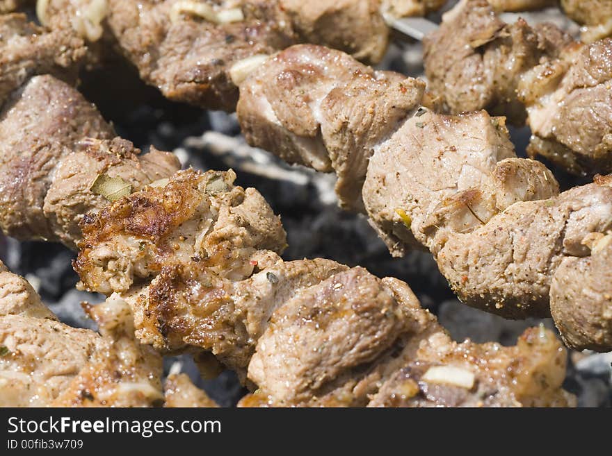 Dish consisting of small pieces of meat threaded onto skewers and grilled. Dish consisting of small pieces of meat threaded onto skewers and grilled