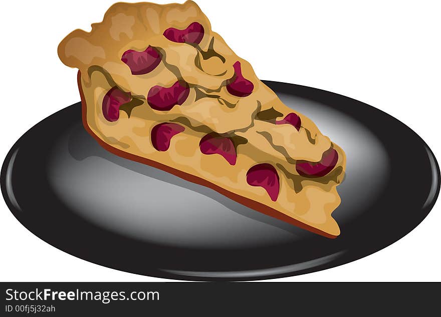 Illustration of a slice of plum cake on a black plate. Illustration of a slice of plum cake on a black plate