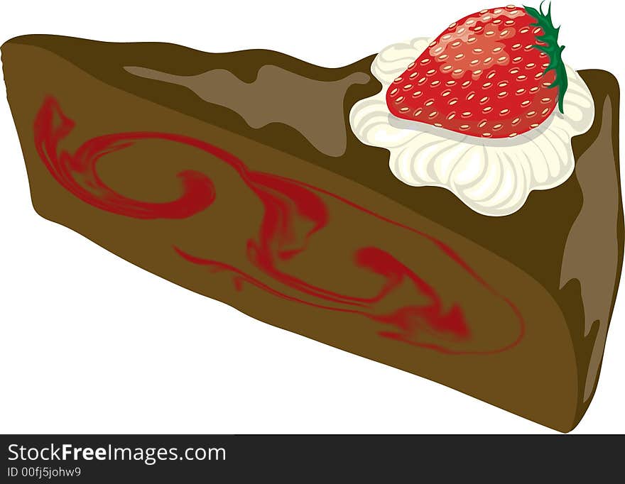 Illustration of an isolated black forest cake with a strawberry and whip cream on top.