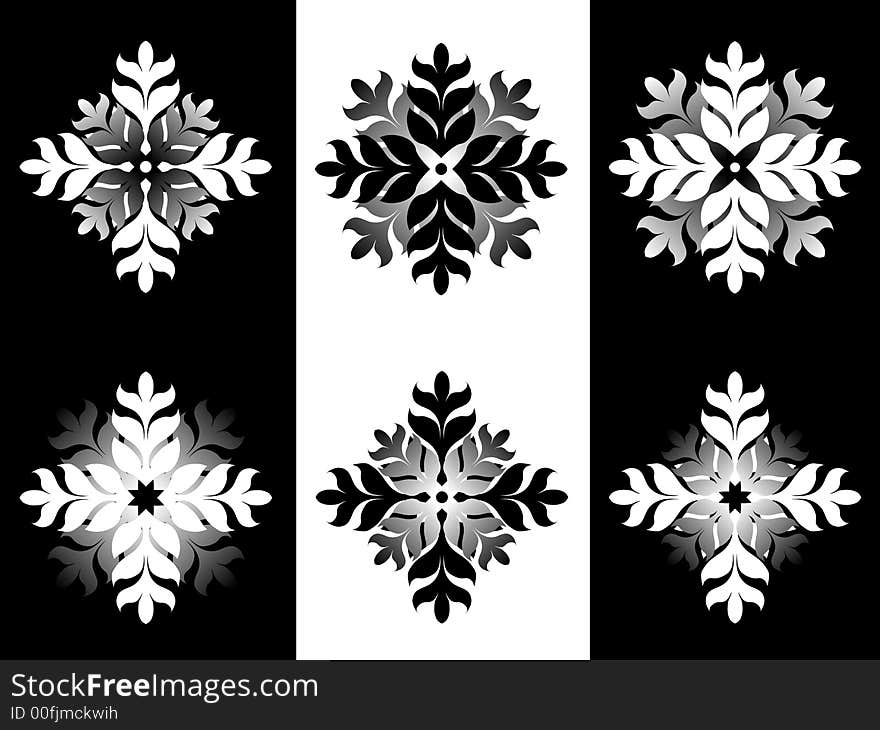 Unique graphics and decorations. Included are six designs created in white, black and grey tones on a white or black background. Unique graphics and decorations. Included are six designs created in white, black and grey tones on a white or black background.