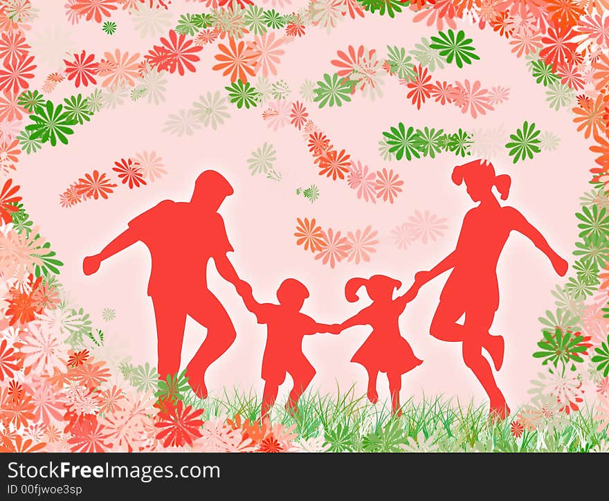 A very happy family among flowers and colors. A very happy family among flowers and colors