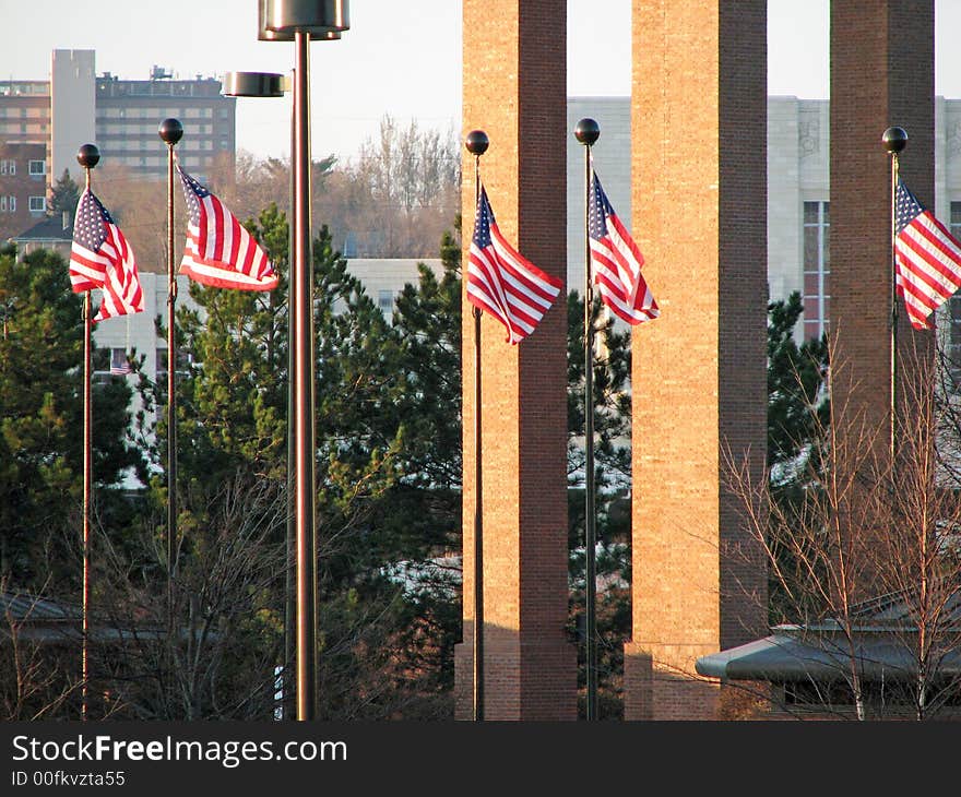 American Flags in the downtown Omaha breeze.