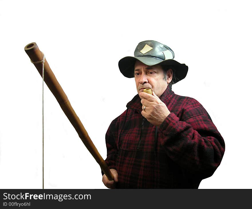 A country boy doing some country fishing,over white