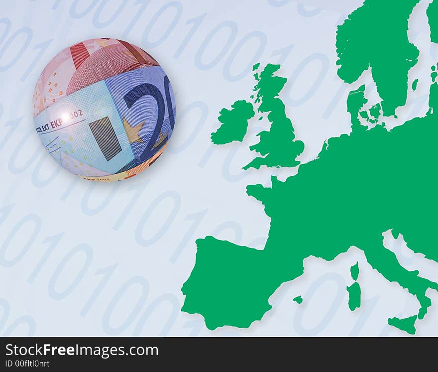 Illustration representing Europian on-line banking. Euro bank notes shaped as ball overlaid onto outline map of europe. Numbers overlaid onto sea areas. Illustration representing Europian on-line banking. Euro bank notes shaped as ball overlaid onto outline map of europe. Numbers overlaid onto sea areas.