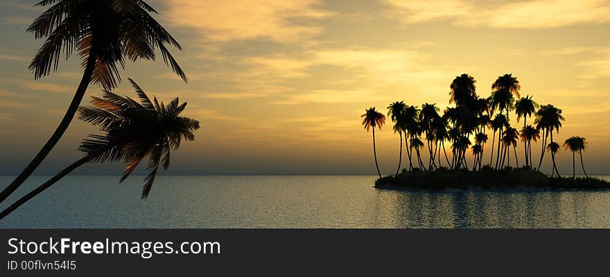 Sunset coconut palm trees on small island - 3d illustration.