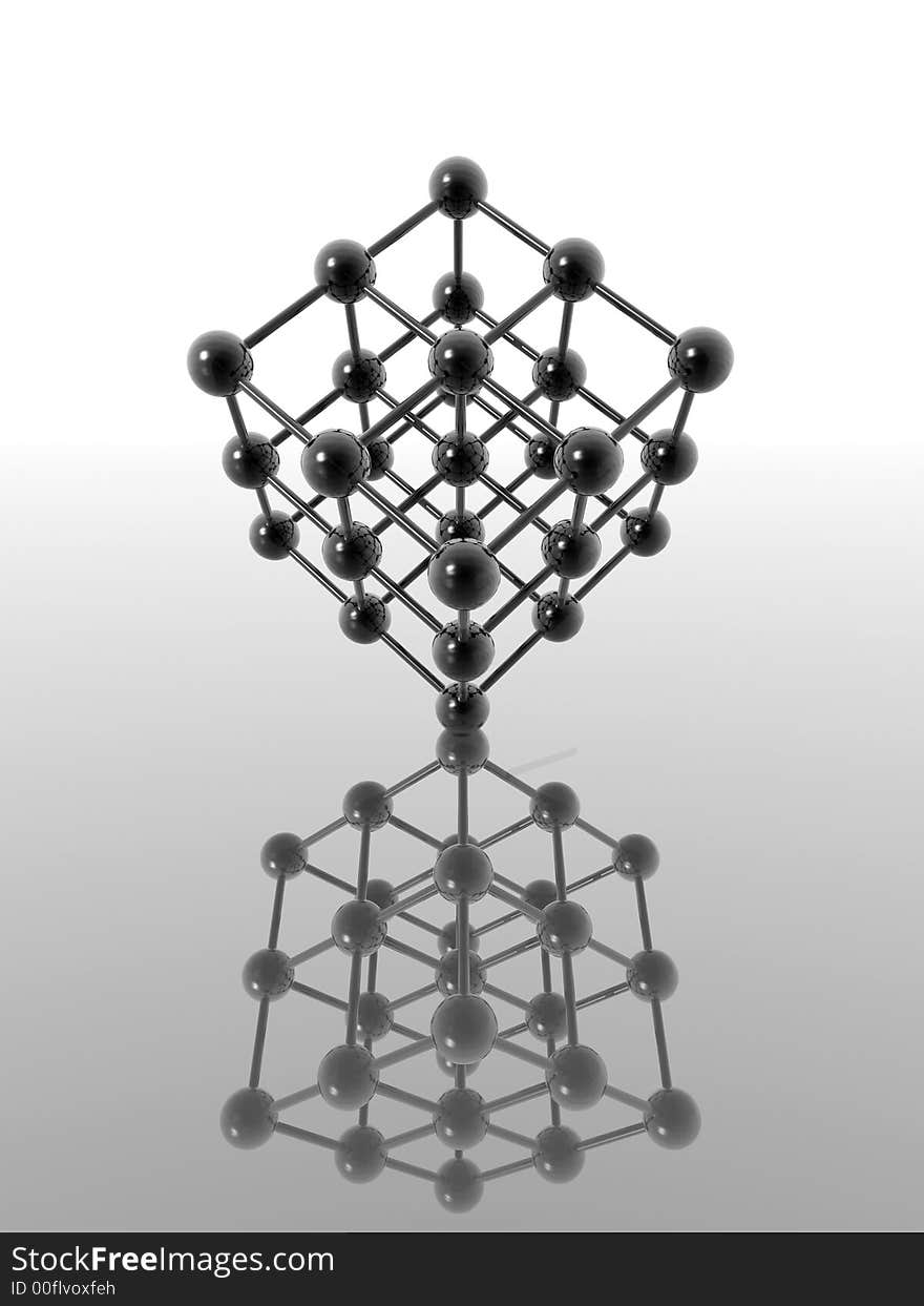 Model of a nuclear lattice reflected a smooth surface - digital artwork. Model of a nuclear lattice reflected a smooth surface - digital artwork