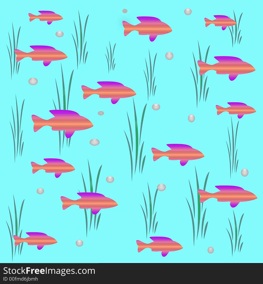 Fish and bubbles scattered on solid background