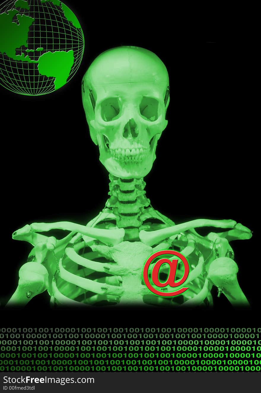 A skeleton with “@” symbol in a dark ground for internet in green. A skeleton with “@” symbol in a dark ground for internet in green