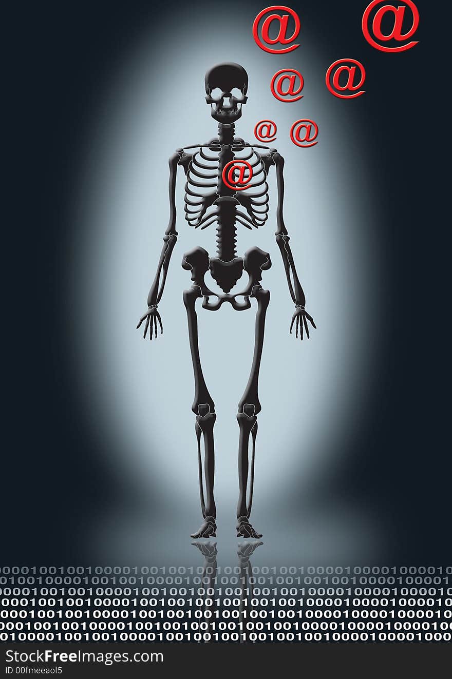 A skeleton with “@” symbol in a dark ground for internet. A skeleton with “@” symbol in a dark ground for internet